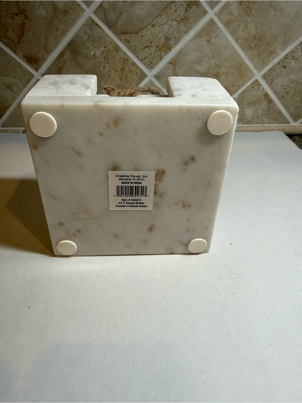 Creative Co-Op Set of 4 Square White Marble Coasters w/ Marble Holder India